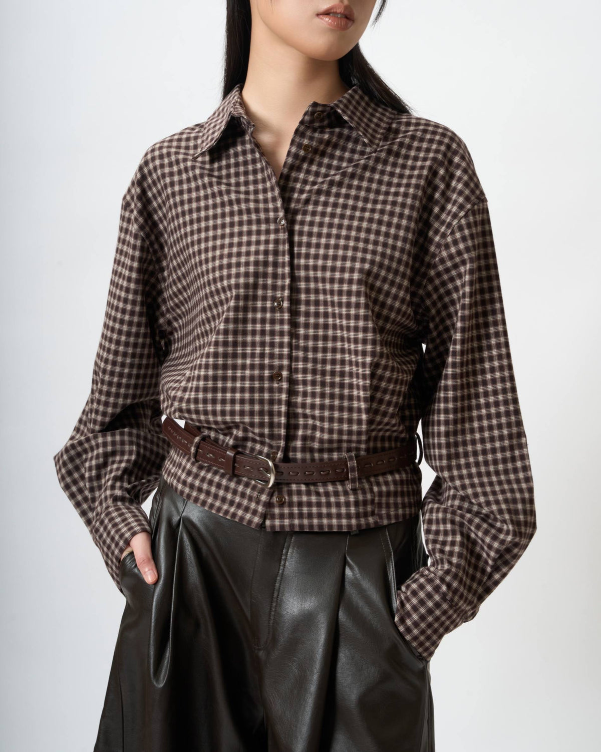Tailored Plaid Belted Shirt