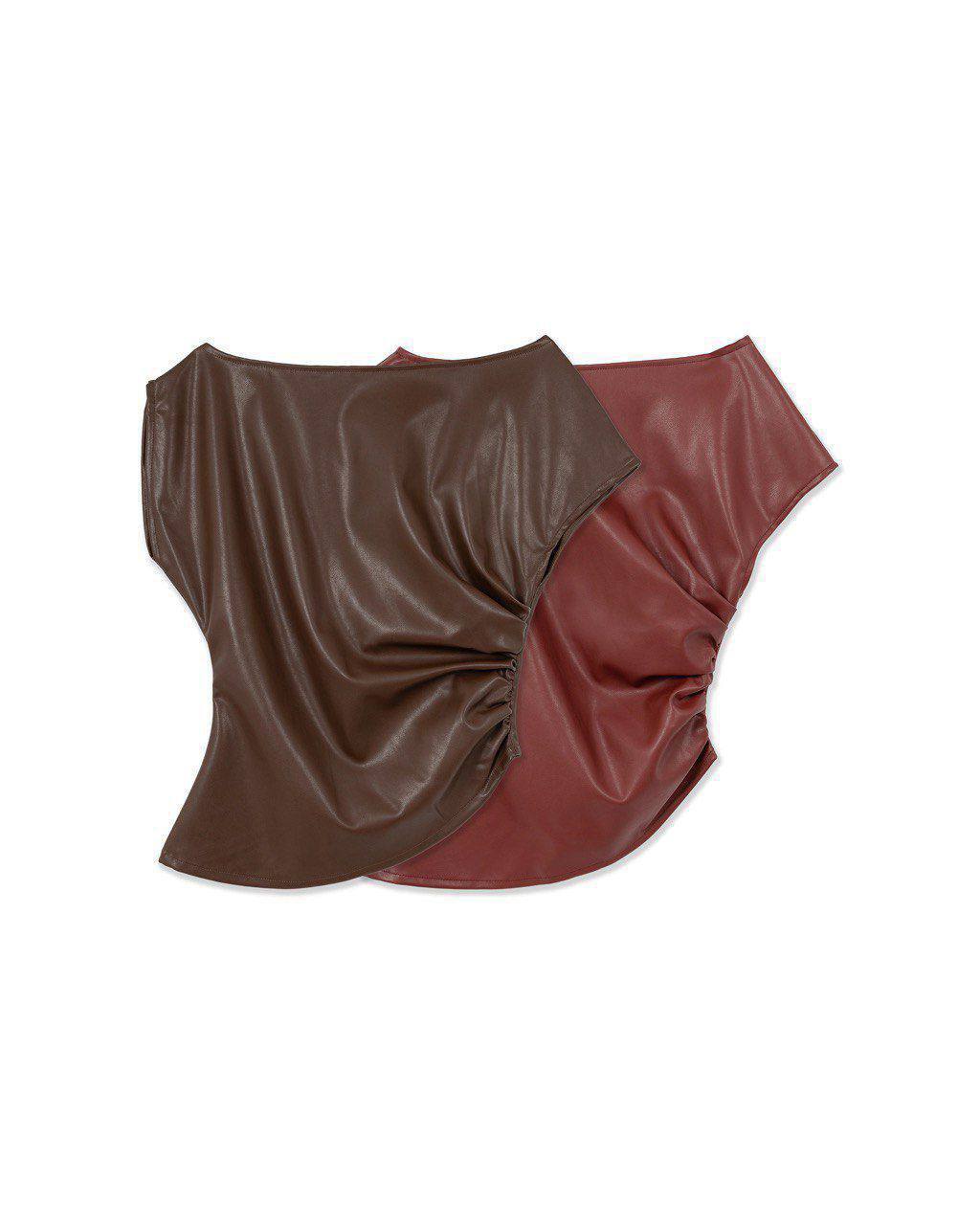 Ruched Faux Leather One-Shoulder Top