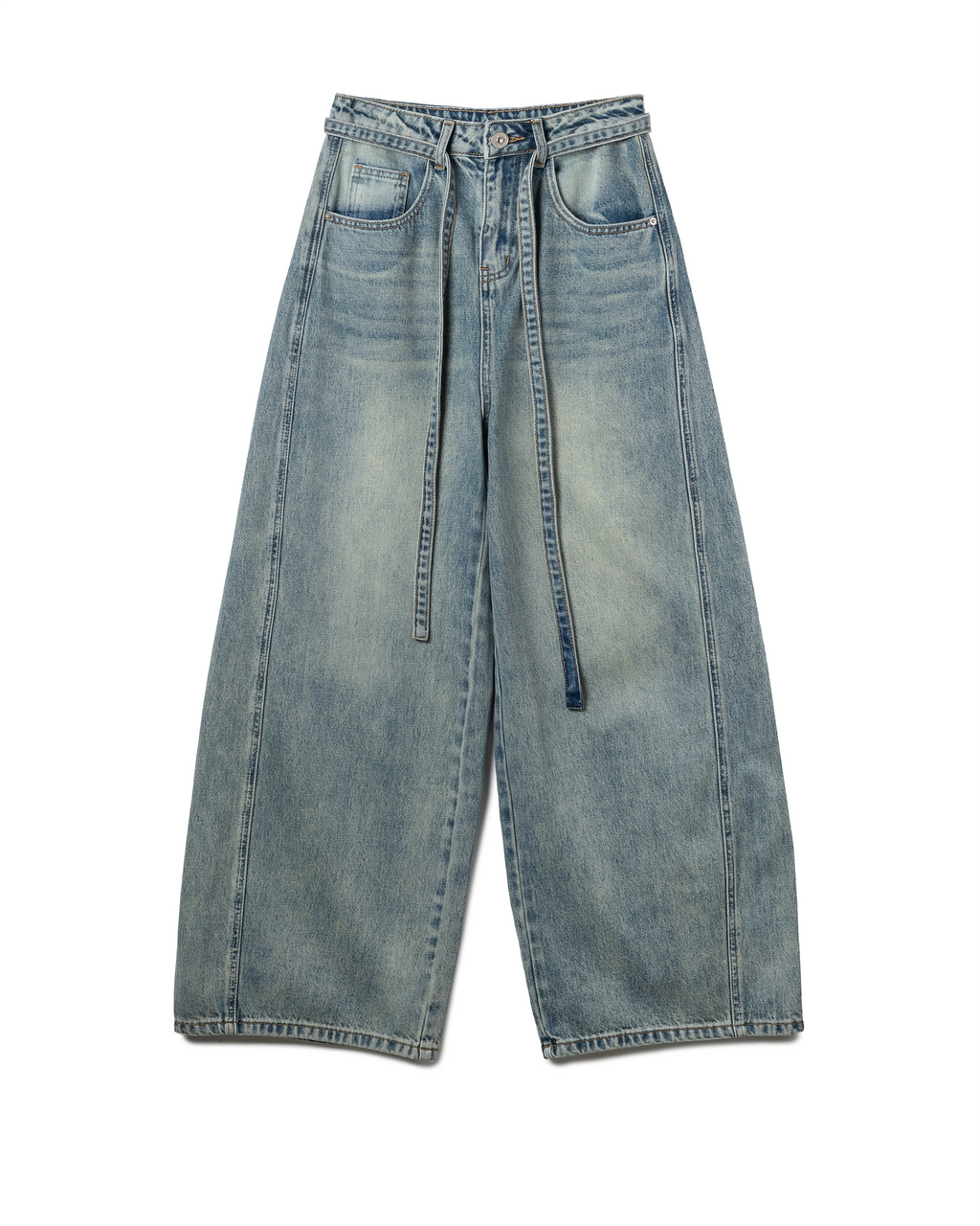Self-Belted Wide Denim Pants