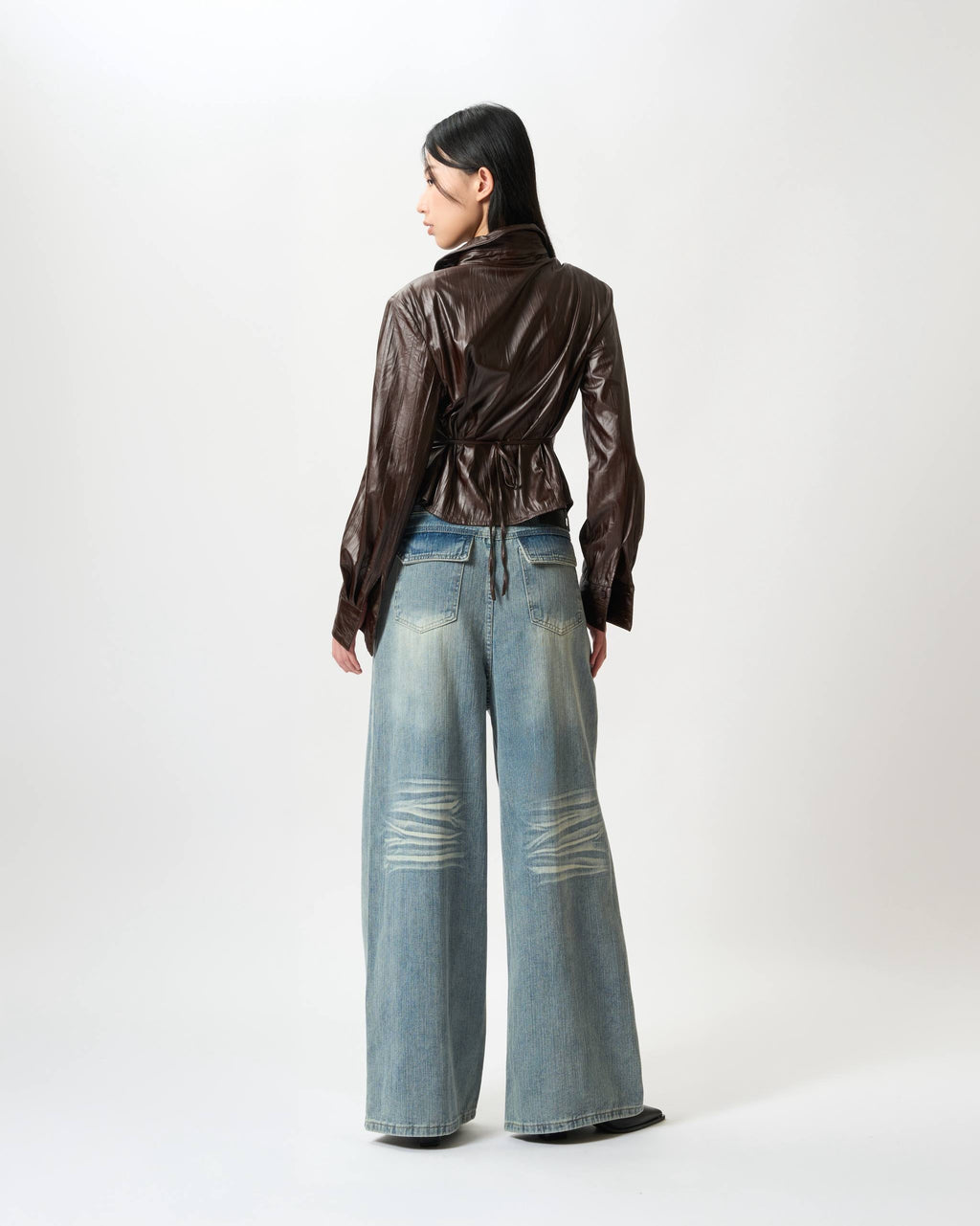 Ruched Patent-Finish Leather Shirt