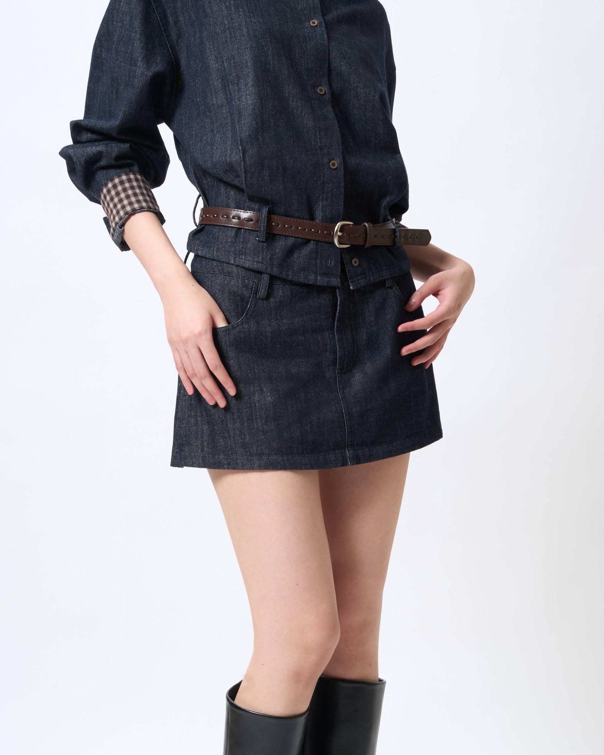 Sleek Indigo Belted Denim Shirt
