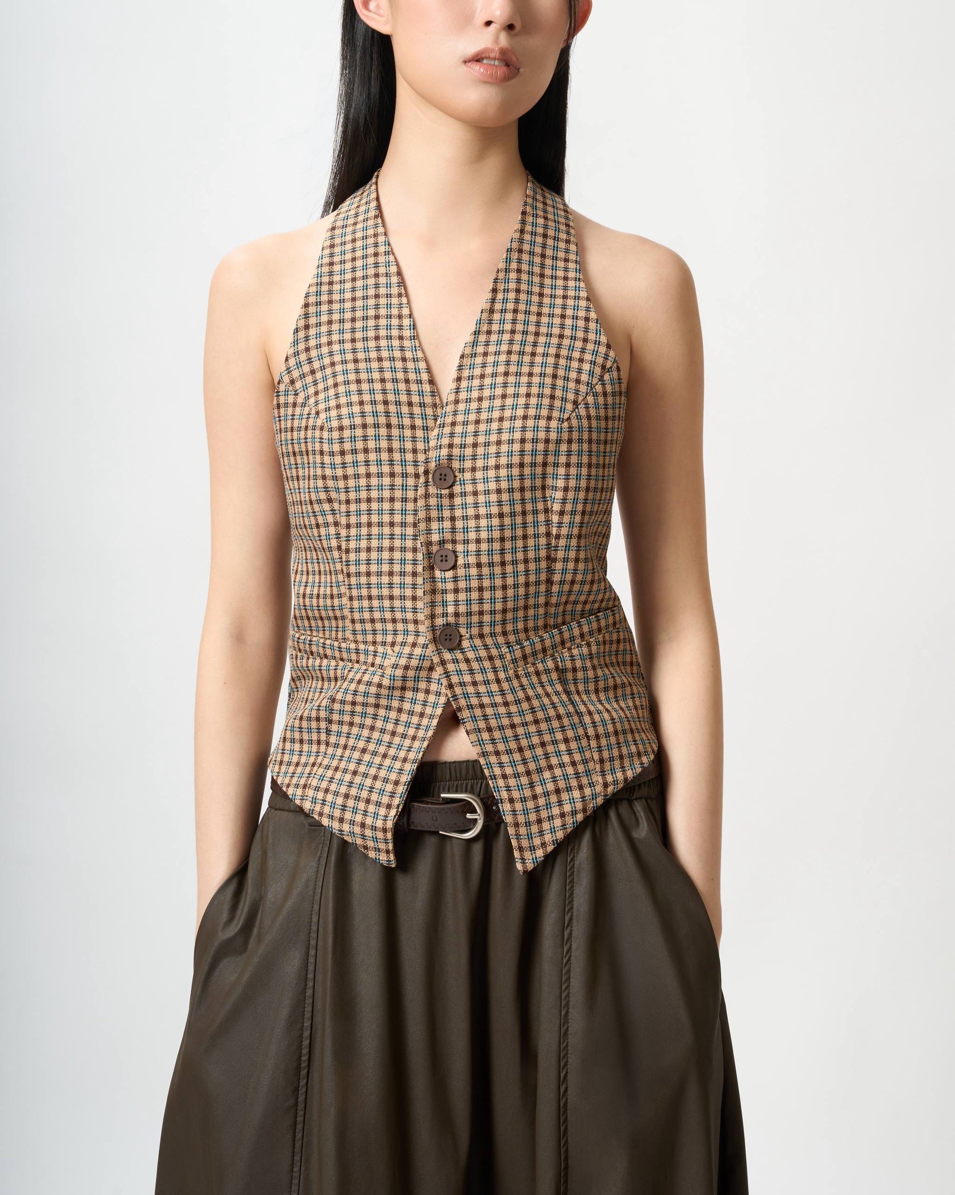 Tailored Plaid Halterneck Vest