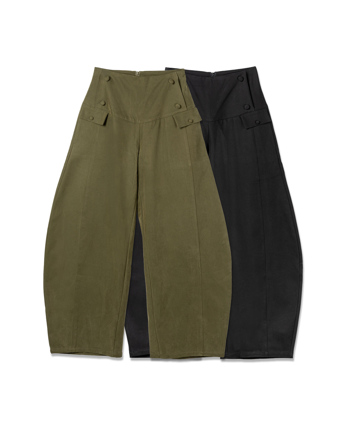 N E O Button flap barrel leg trousers