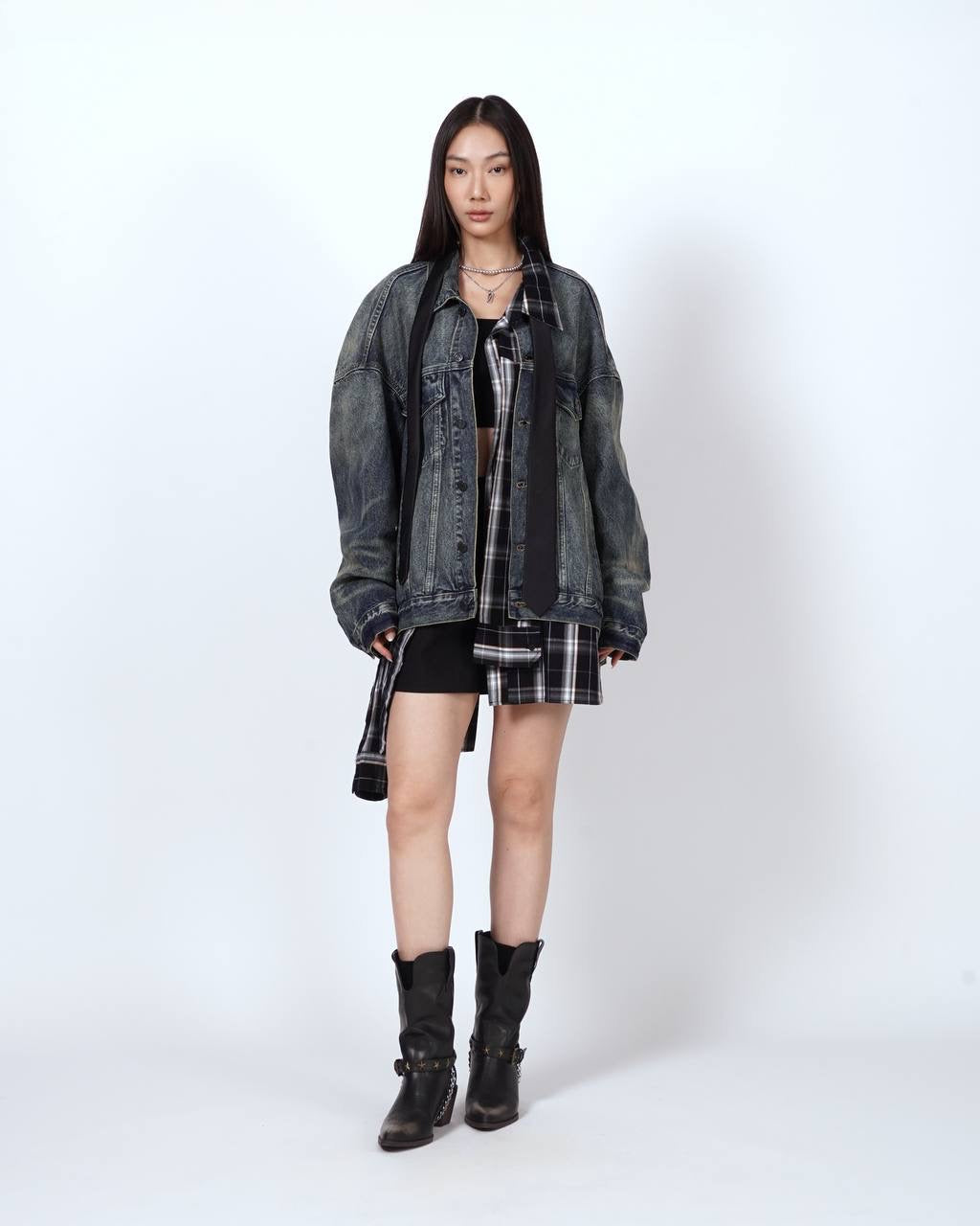 Panel Checkered Denim Jacket