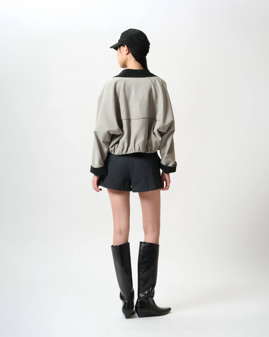 Contrast-Collar Cropped Blouson Jacket