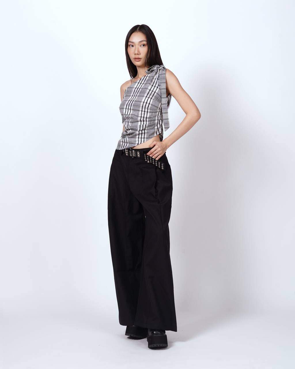 Plaid One-Shoulder Bow Top