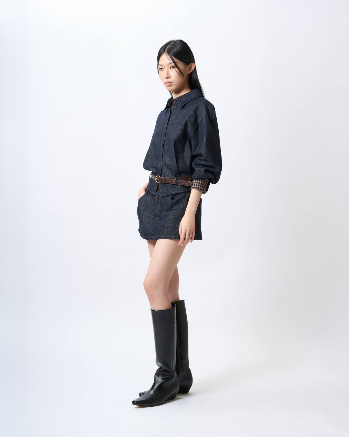Sleek Indigo Belted Denim Shirt