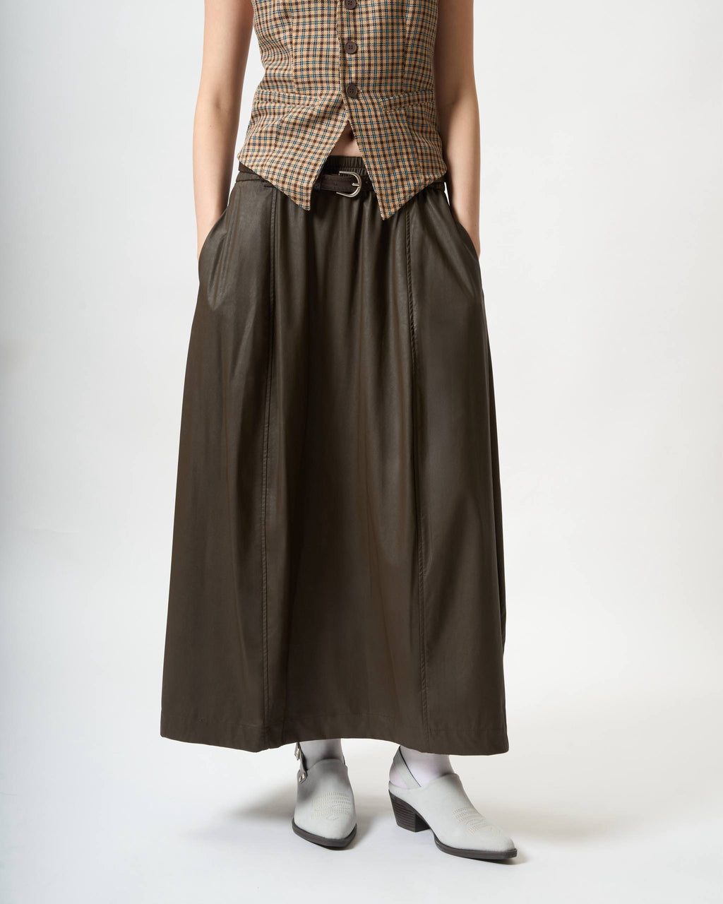 Elegantly Gathered Coated Maxi Skirt