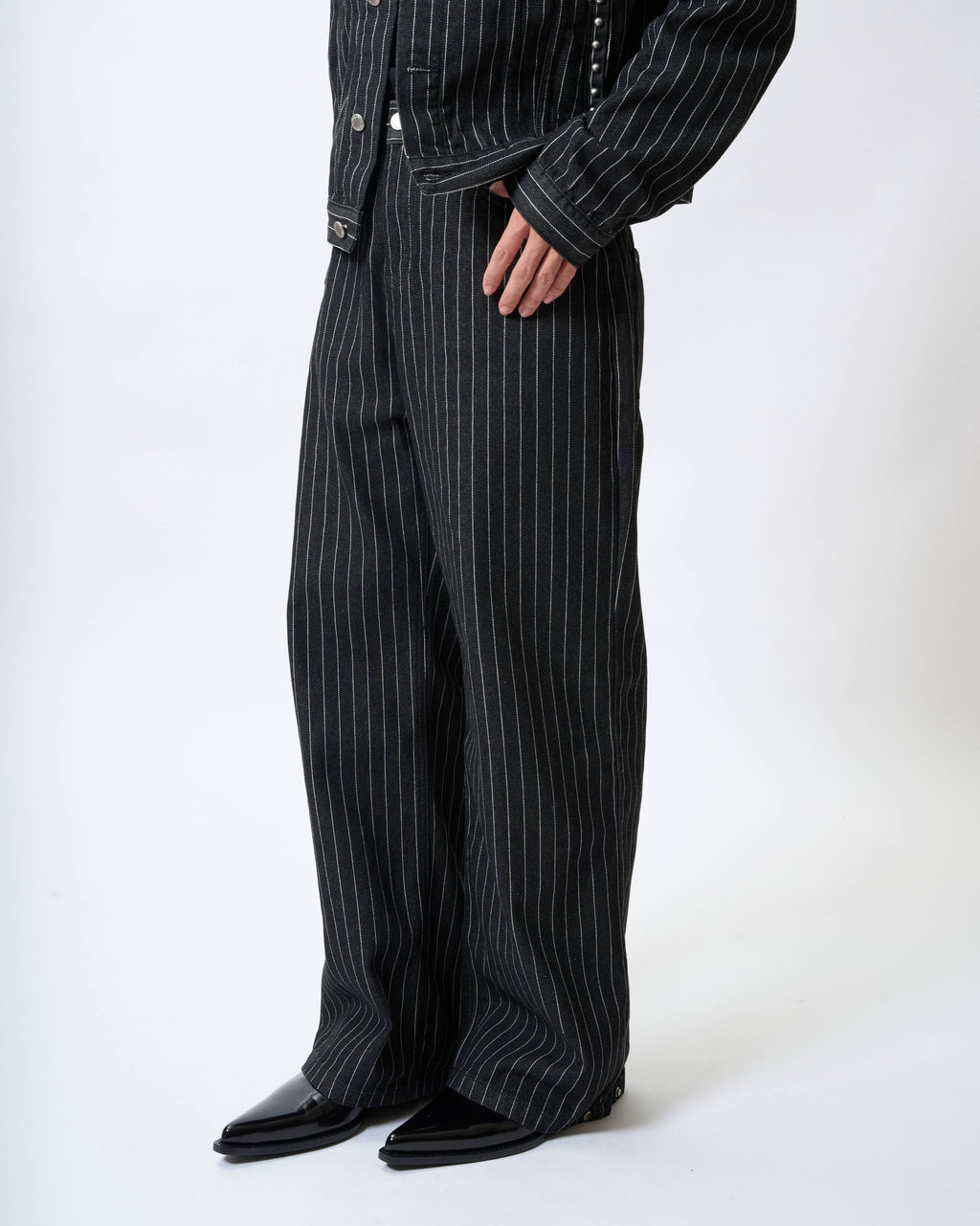 Structured Striped Denim Wide-Leg Pants