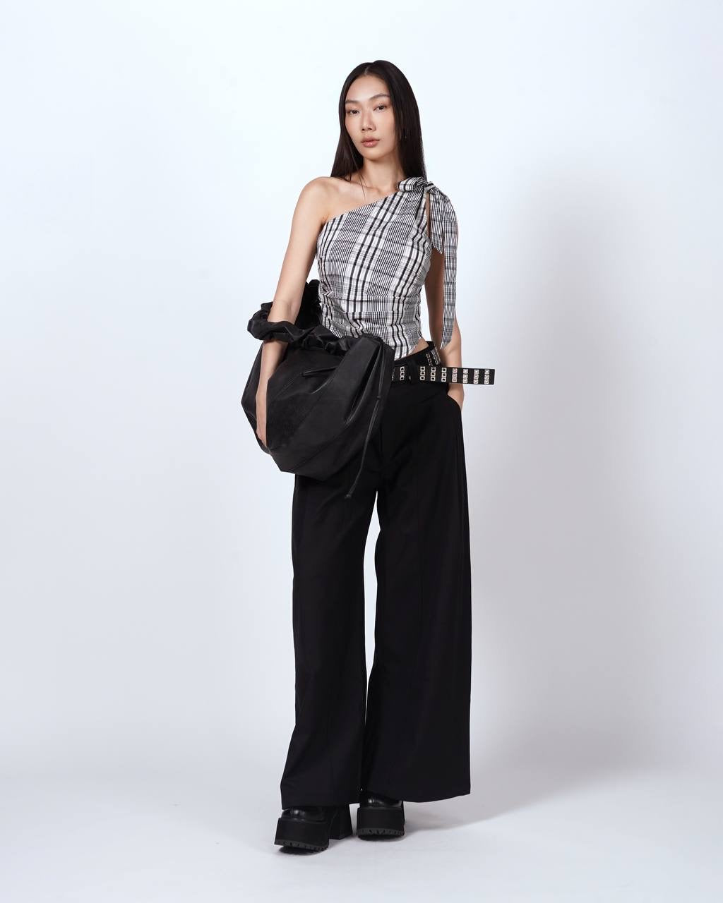 Plaid One-Shoulder Bow Top