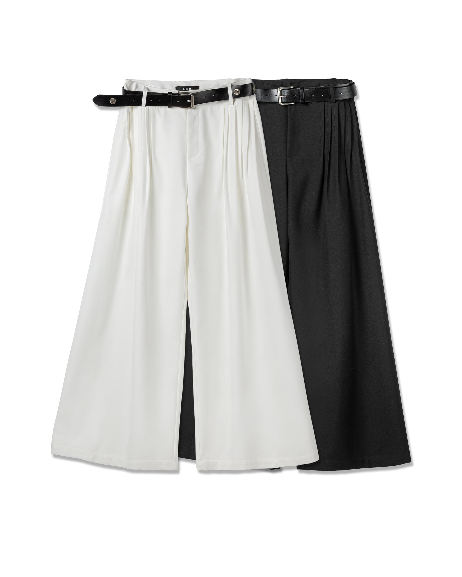 Studded-Belt Pleated Wide-Leg Trousers