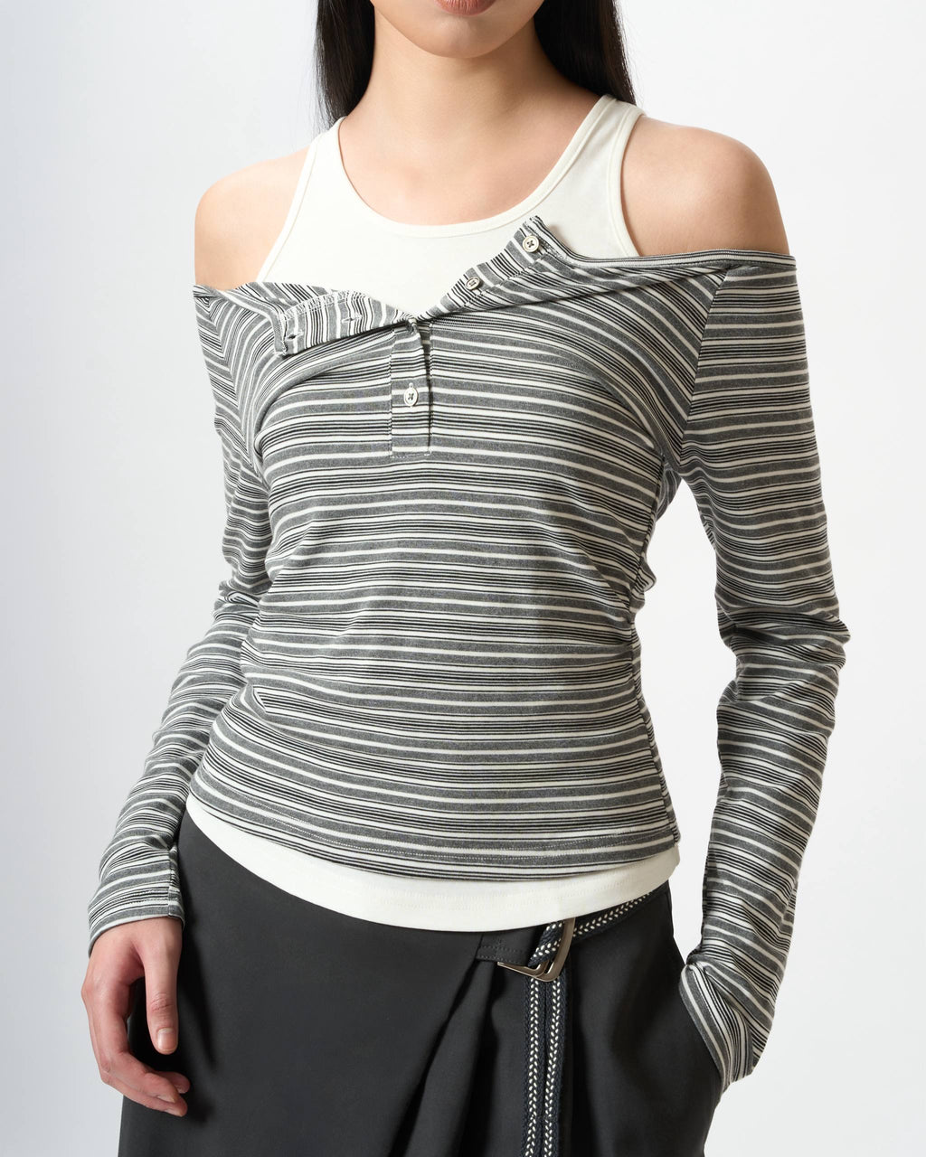 Modern Double-Layer Striped Ribbed Top