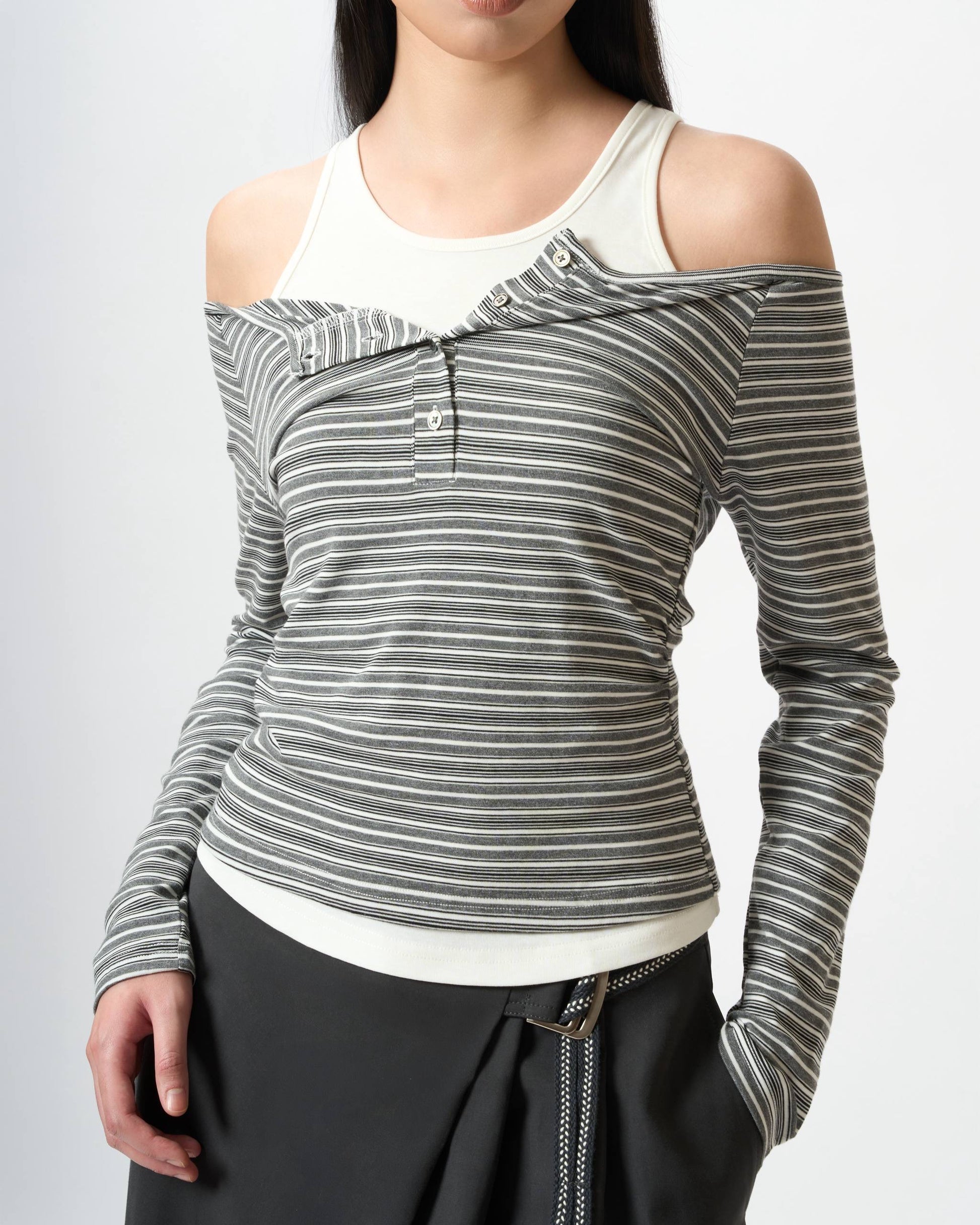 Modern Double-Layer Striped Ribbed Top
