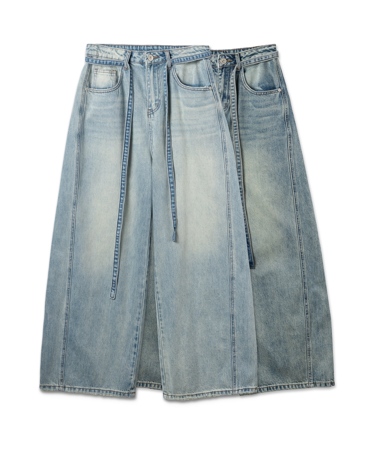 Self-Belted Wide Denim Pants