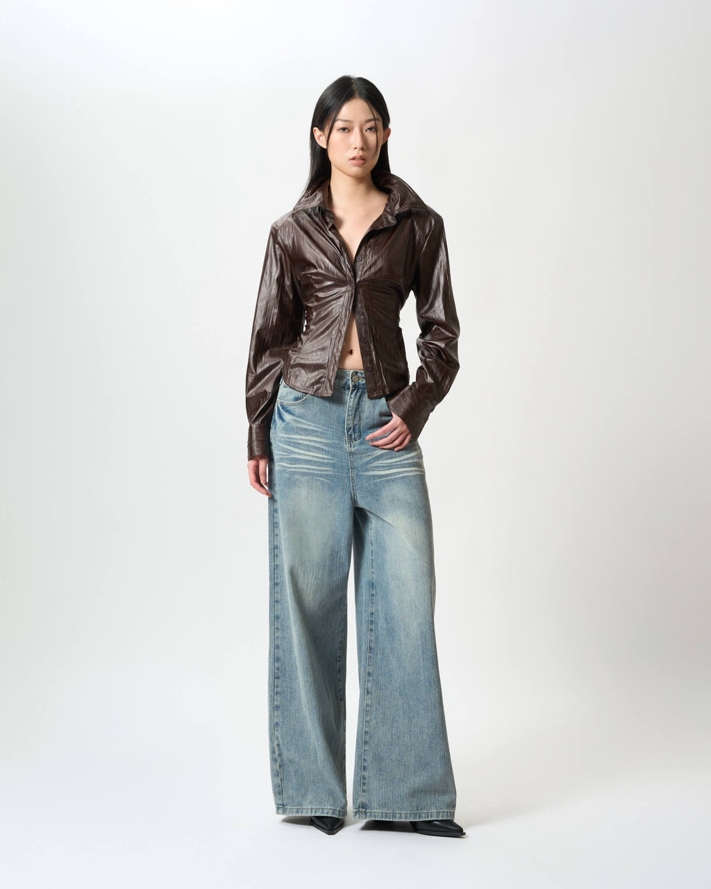 Ruched Patent-Finish Leather Shirt