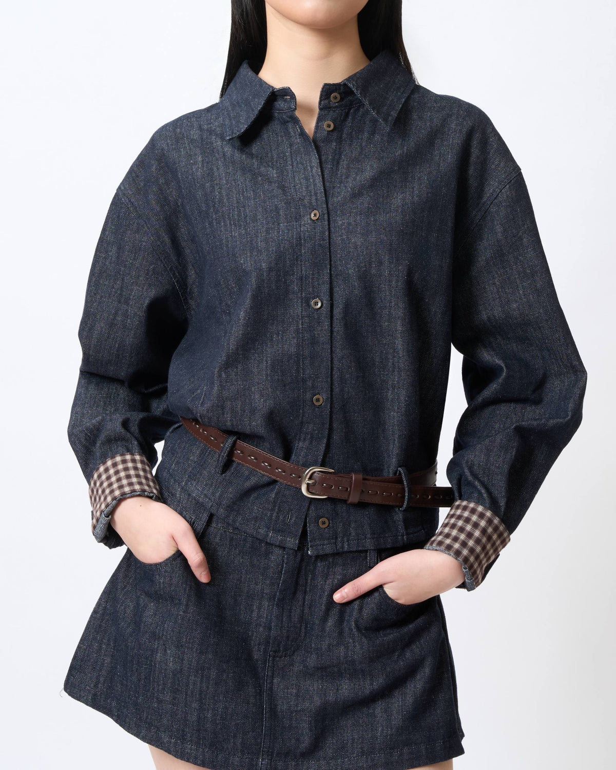 Sleek Indigo Belted Denim Shirt