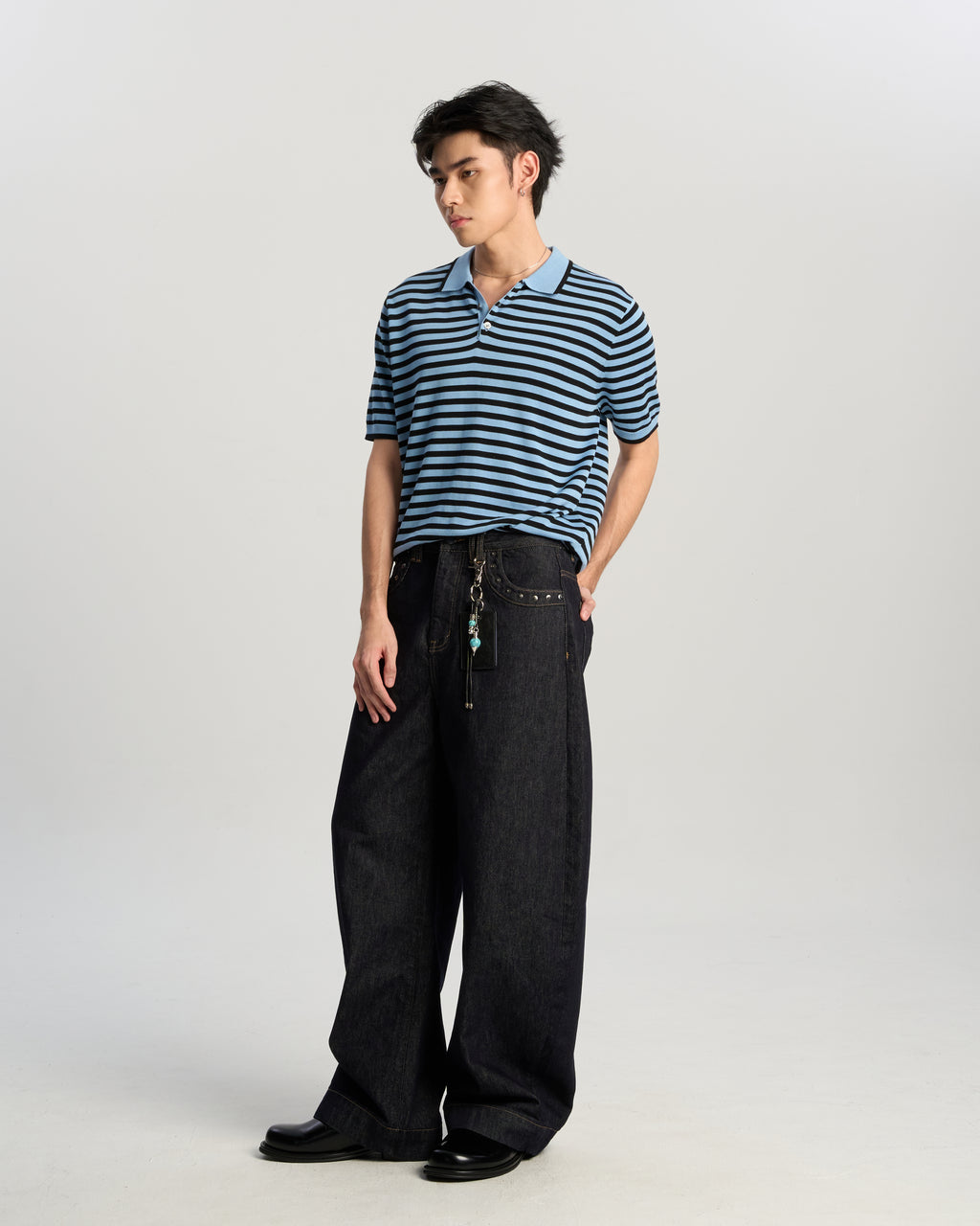 Fine-Stripe Knit Polo