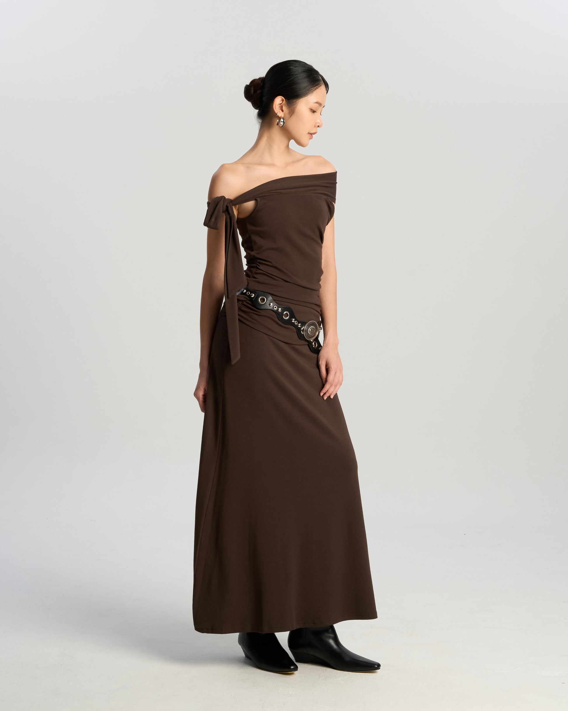 One Shoulder Asymmetric Set with Studded Belt