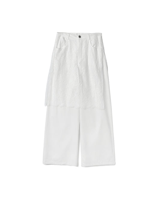 White Denim Pants with Lace Wrap