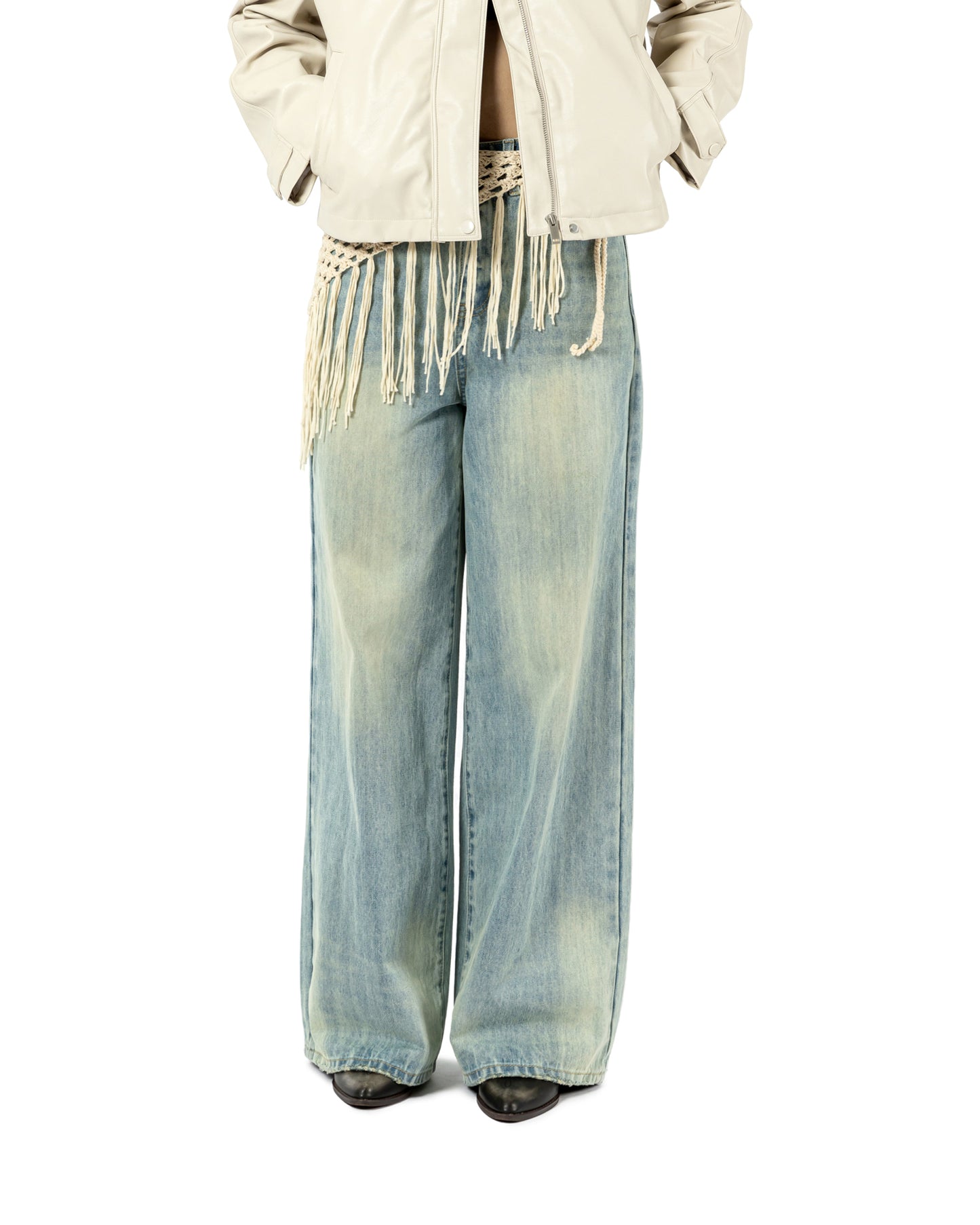 Denim Pants with Macramé Wrap