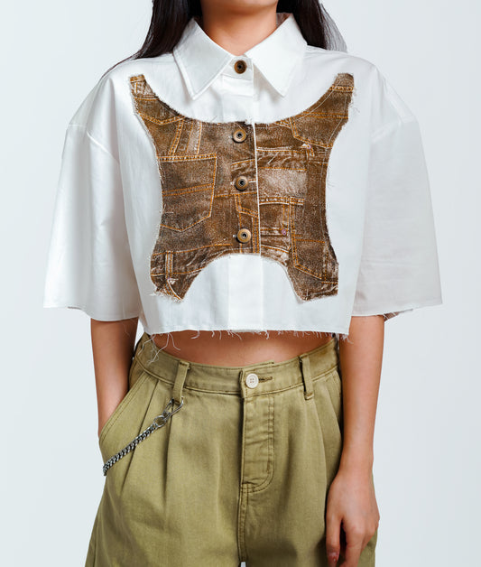 Patchwork Short Sleeve Crop Shirt