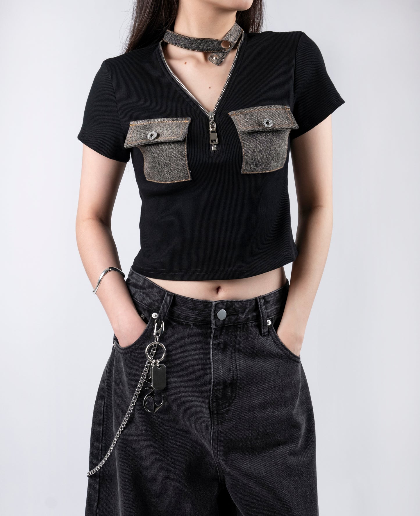 Double Pocket Zipper Crop Top