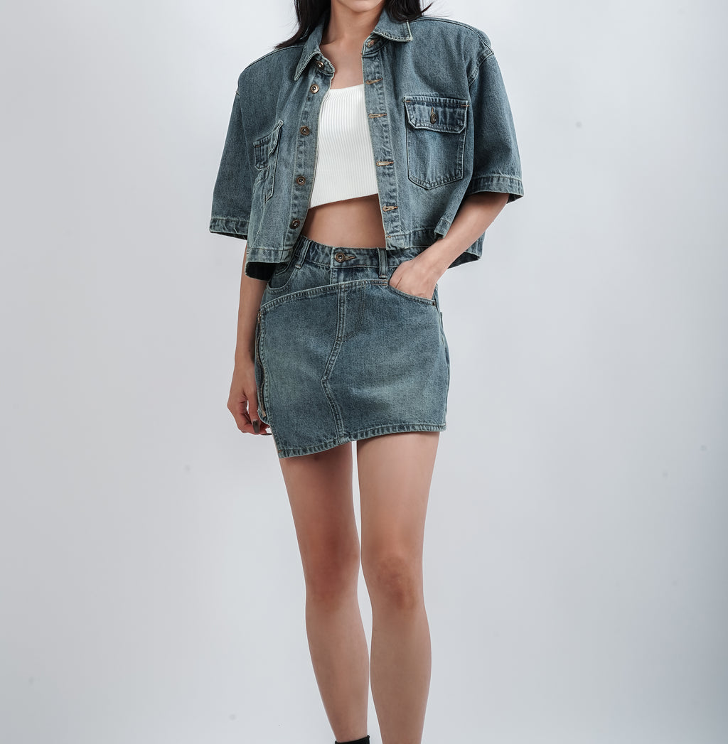 Denim Jacket With Denim Skirt Set