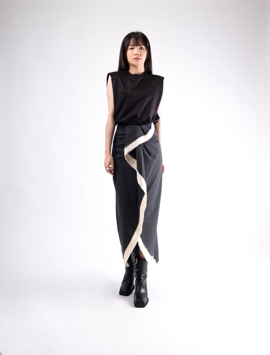 Contrast Edged Draped Pinstripe Skirt