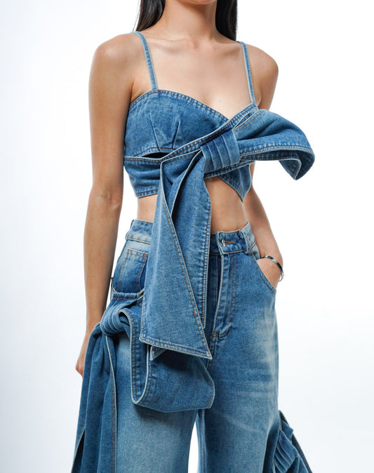 N E O Denim Ribbon Crop Top